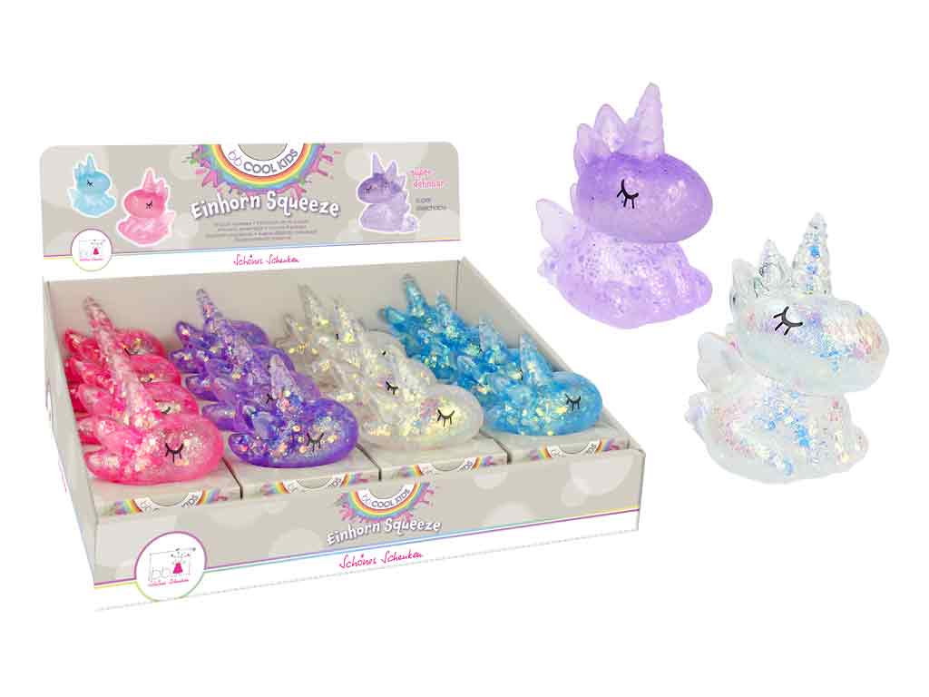 Einhorn-Quetschfigur in funkelndem Design, weich und flexibel für stressabbauenden Spielspaß
