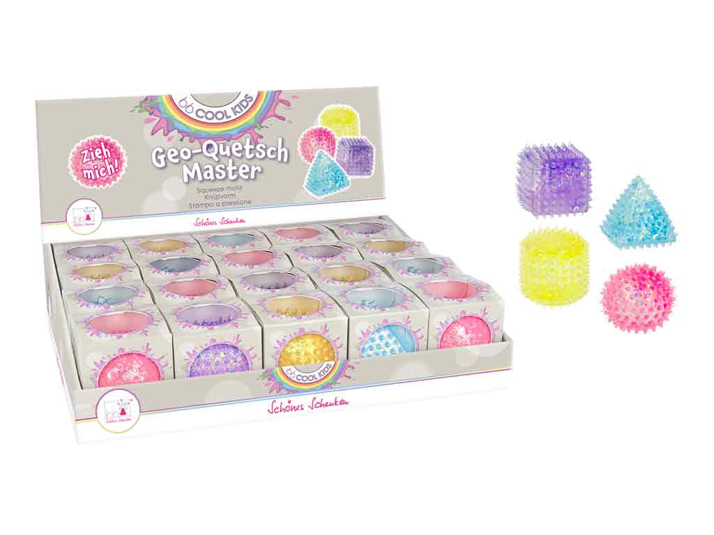 GEO Quetschspielzeug in funkelnder Optik, weiches Material zur Förderung der sensorischen Wahrnehmung
