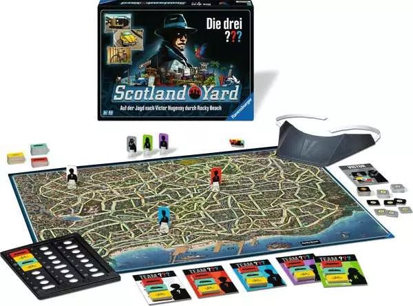 Spielfeld mit Rocky Beach Karte und Spielfiguren – Ravensburger Spiel
