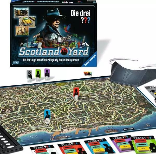 Detailaufnahme der Spielfiguren und Fahrkarten – Die drei ??? Scotland Yard
