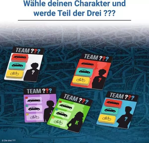 Detailaufnahme der Spielfiguren und Fahrkarten – Die drei ??? Scotland Yard
