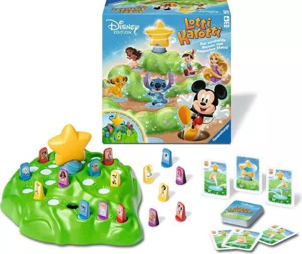 Detailaufnahme der Disney-Spielfiguren mit Stickerbogen – Spiel ab 4 Jahren

