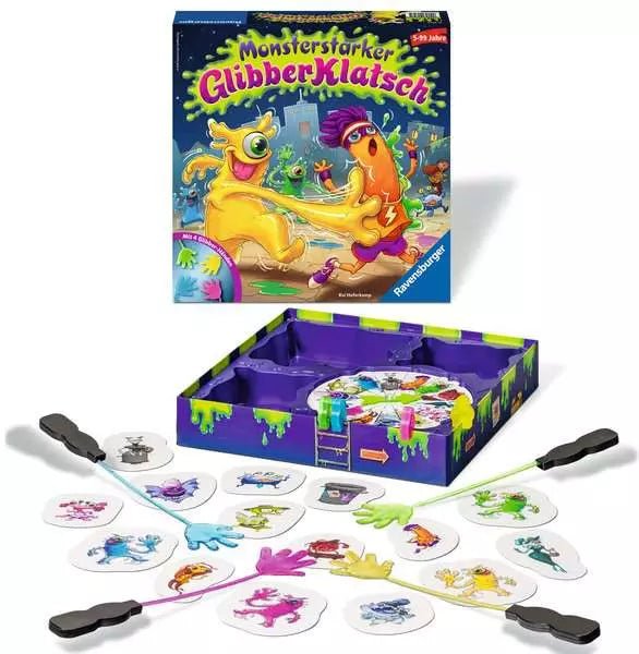Spielaufbau mit Karten, Glibberhänden und Figuren – Familienspiel
