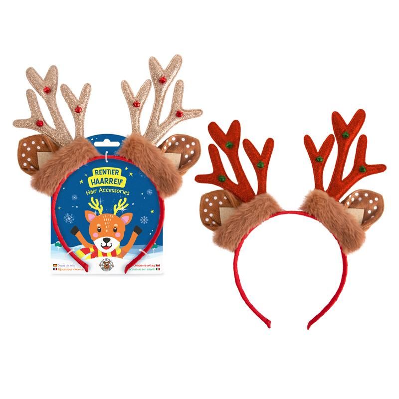 Rentier Haarreif mit plüschigen Ohren und glitzerndem Geweih in Rot für weihnachtliche Verkleidungen
