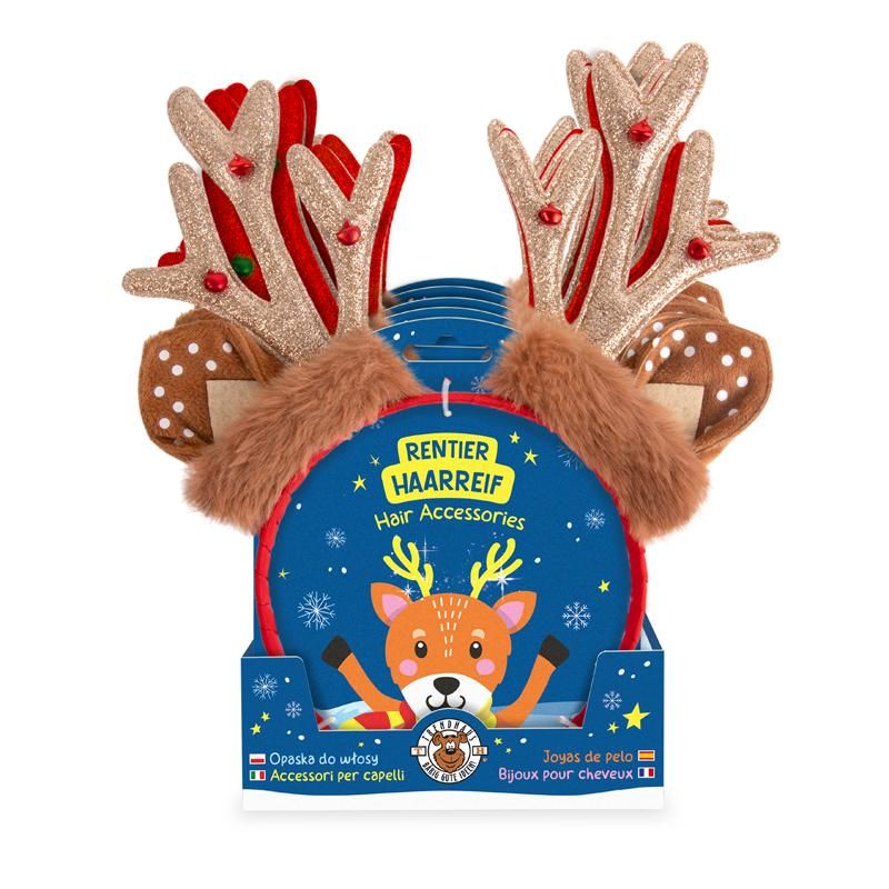 Plüschiger Rentier-Haarreif mit braunem Geweih und kleinen Glöckchen als Weihnachtsaccessoire
