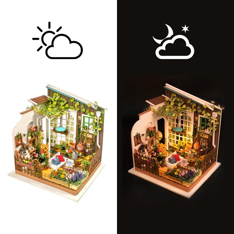 Rolife DG108 Miniaturhaus Garten mit Deko und LED-Licht
