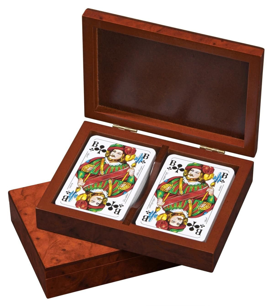 Rommé Kartenspiel mit zwei Decks in Holzbox, Wurzelholzoptik