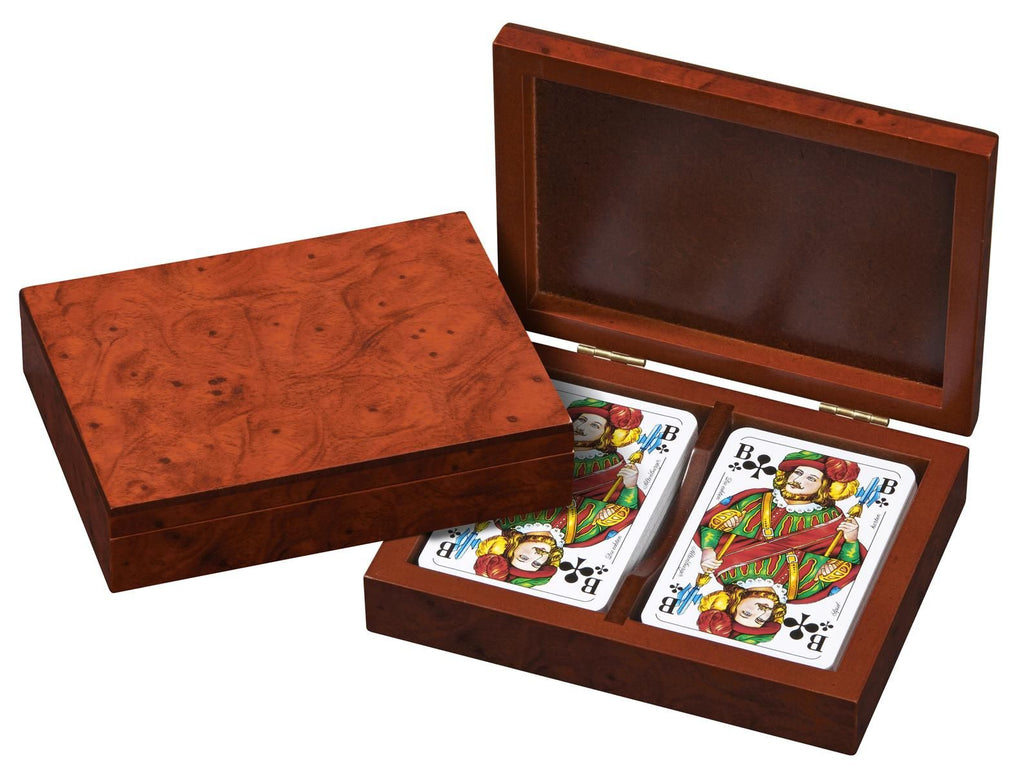 Rommé Kartenspiel mit zwei Decks in Holzbox, Wurzelholzoptik