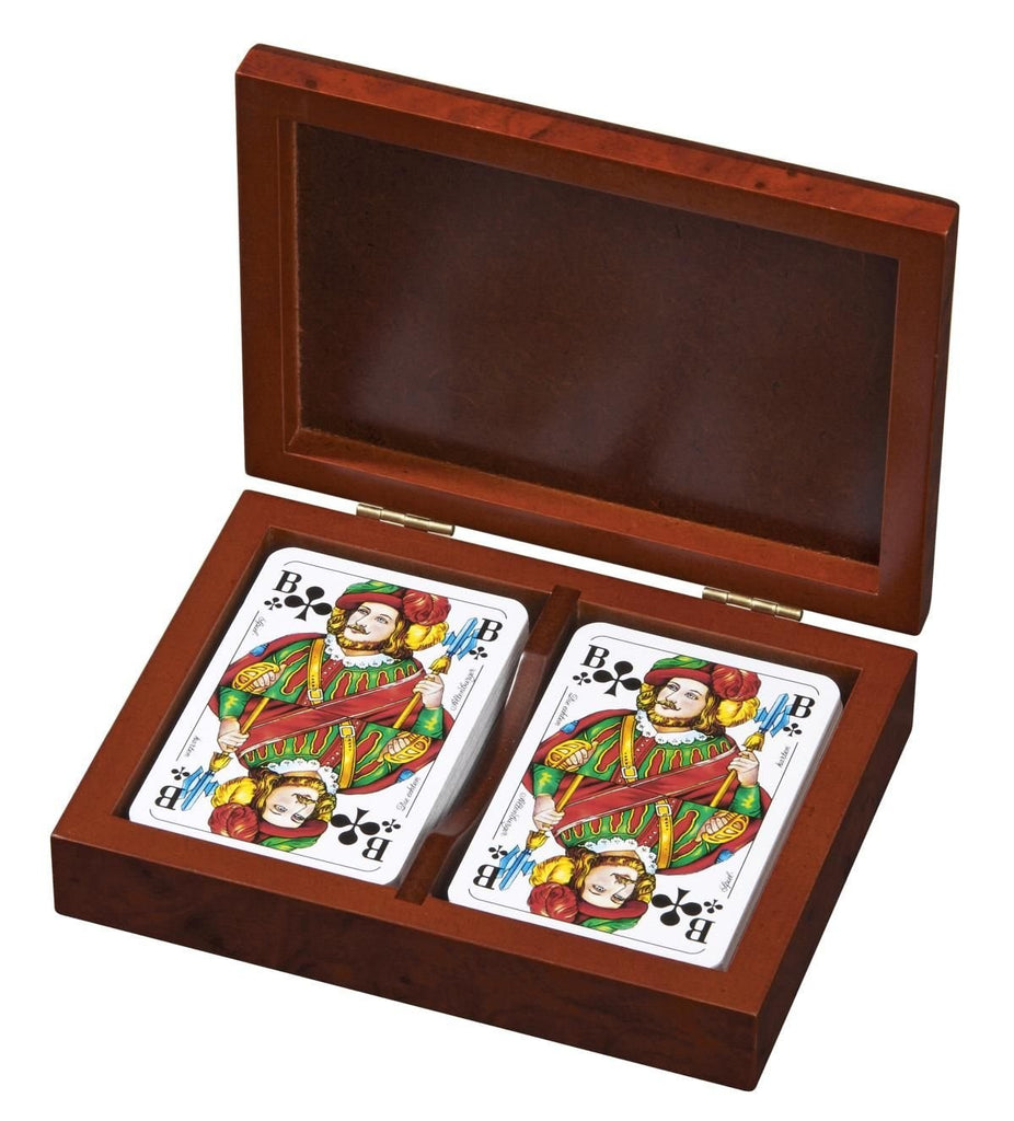 Rommé Kartenspiel mit zwei Decks in Holzbox, Wurzelholzoptik