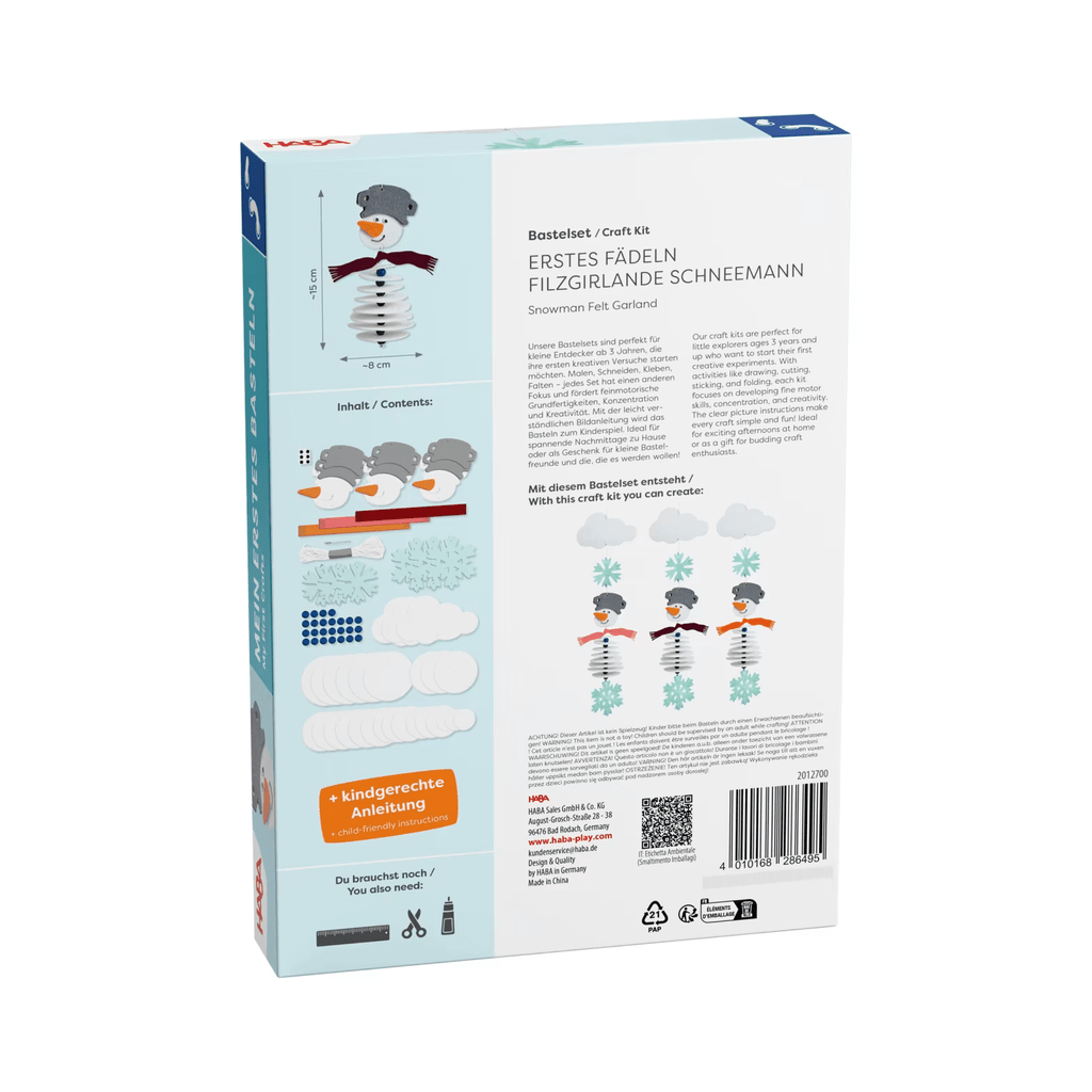 Verpackung des Sachenmacher Erstes Fädeln Filzgirlande Schneemann Bastelsets mit drei Schneemannmotiven und Bastelmaterial