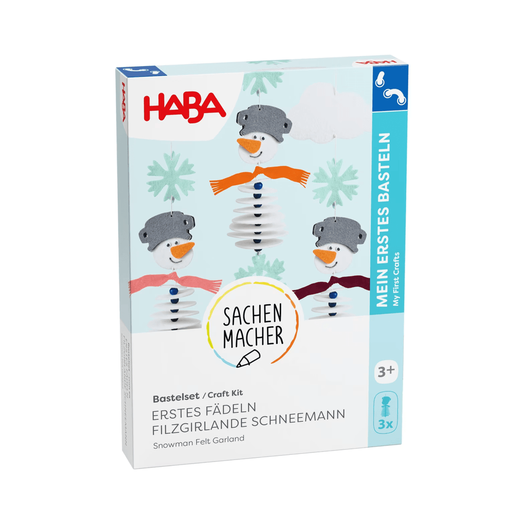 Verpackung des Sachenmacher Erstes Fädeln Filzgirlande Schneemann Bastelsets mit drei Schneemannmotiven und Bastelmaterial