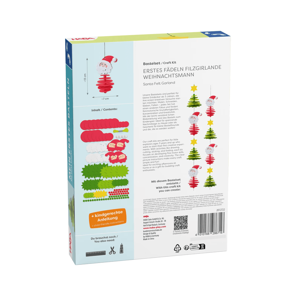 Verpackung des HABA Sachenmacher Bastelsets Erstes Fädeln Filzgirlande Weihnachtsmann Rückseite