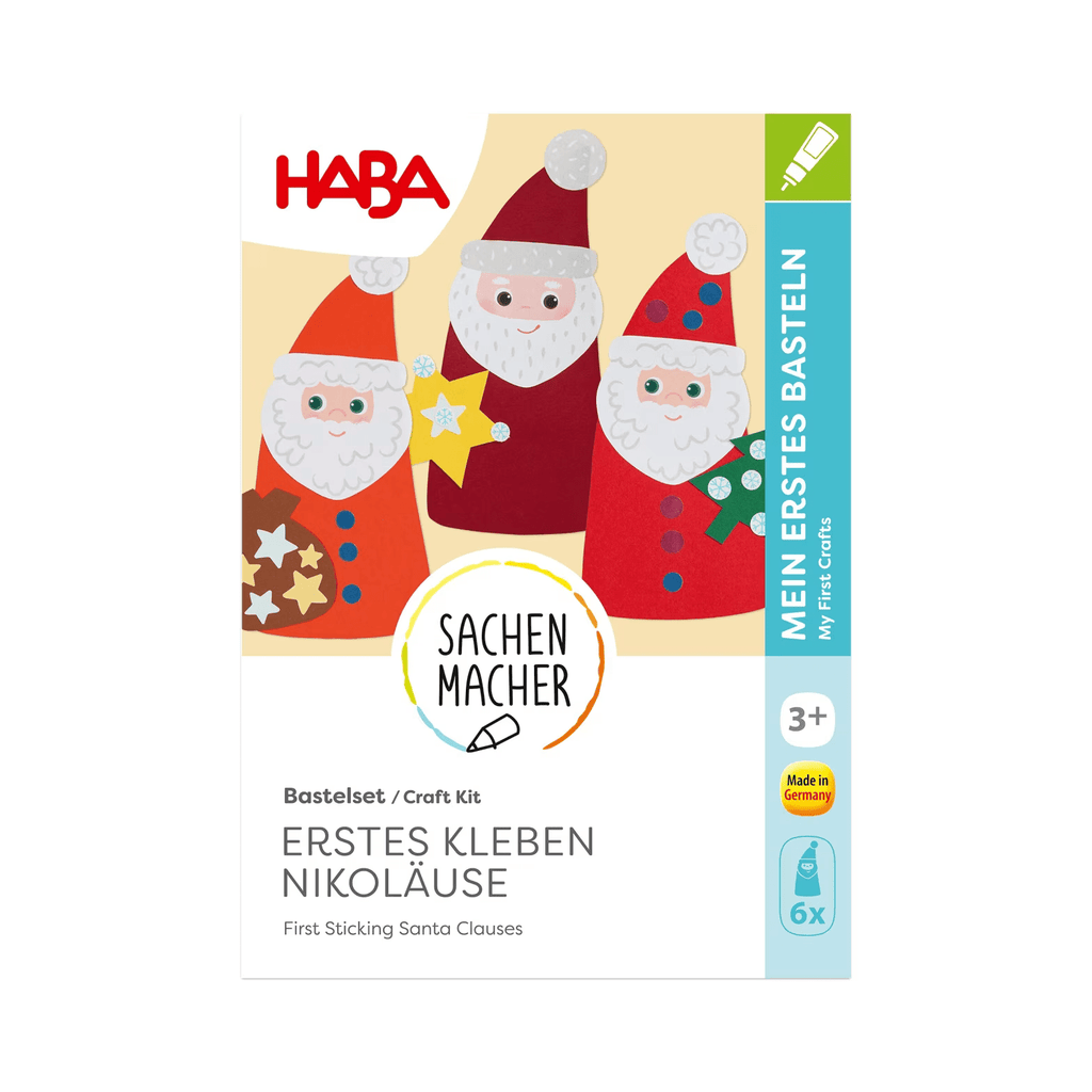 Vorderseite der Verpackung HABA Sachenmacher Erstes Kleben Nikoläuse, mit drei gestalteten Nikolaus-Figuren