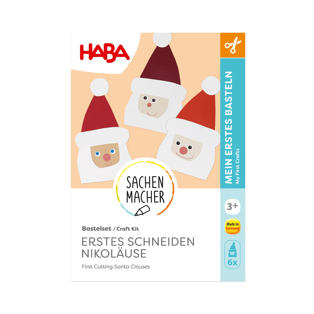 Verpackung des Sachenmacher Bastelset Erstes Schneiden Nikoläuse mit drei Nikolausbeispielen auf hellem Hintergrund