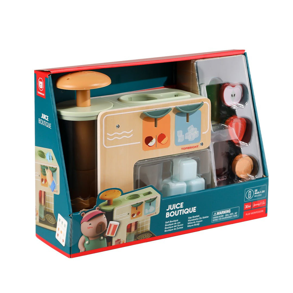 Kinder Smoothiemixer aus Holz mit Fruchtscheiben