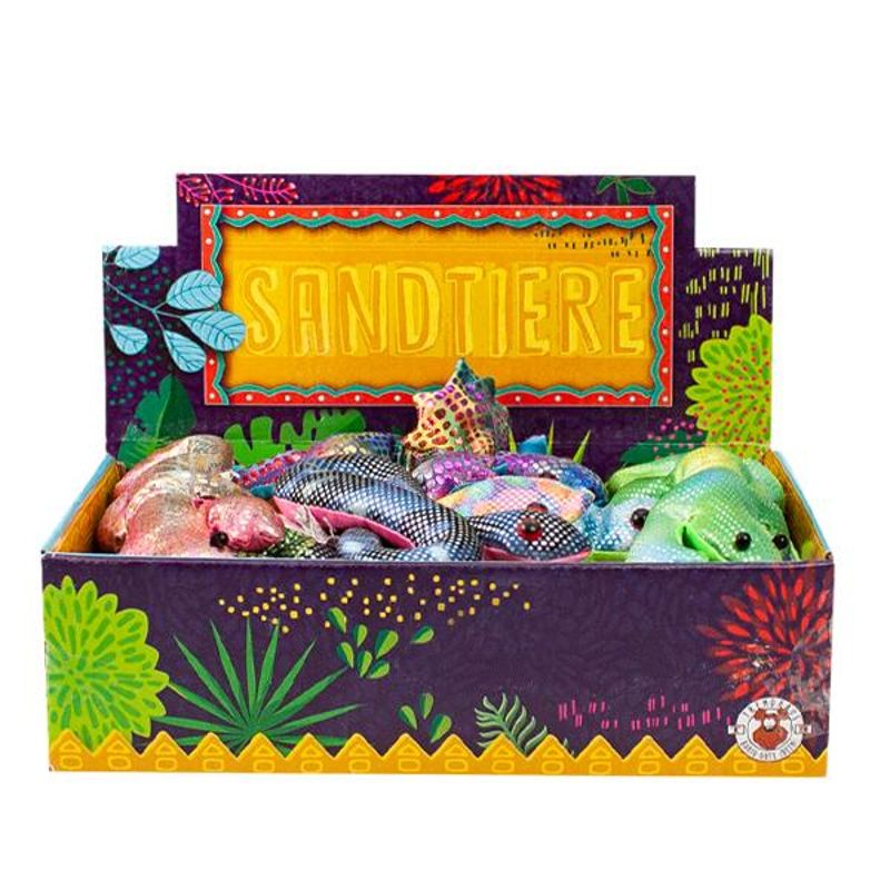 Sandgefüllte Dschungeltiere wie Schildkröte, Schlange, Gecko und Salamander in schimmernden Farben

