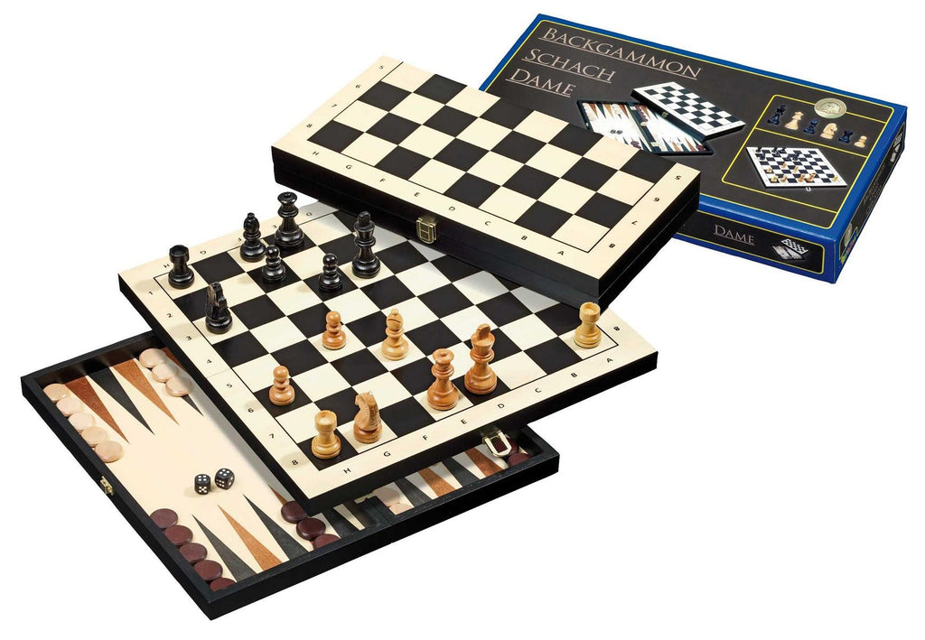 Reise-Schach Backgammon Dame Set mit Holzbrett, Figuren & Spielsteinen