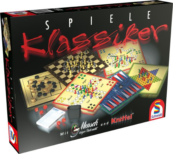 Box mit drei Familienspiel-Klassikern: Mensch ärgere Dich nicht, Kniffel, Schach