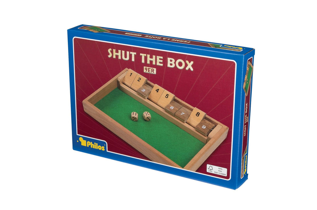 Shut the Box 9er Spiel aus FSC Holz mit Zahlenklappen und Würfeln