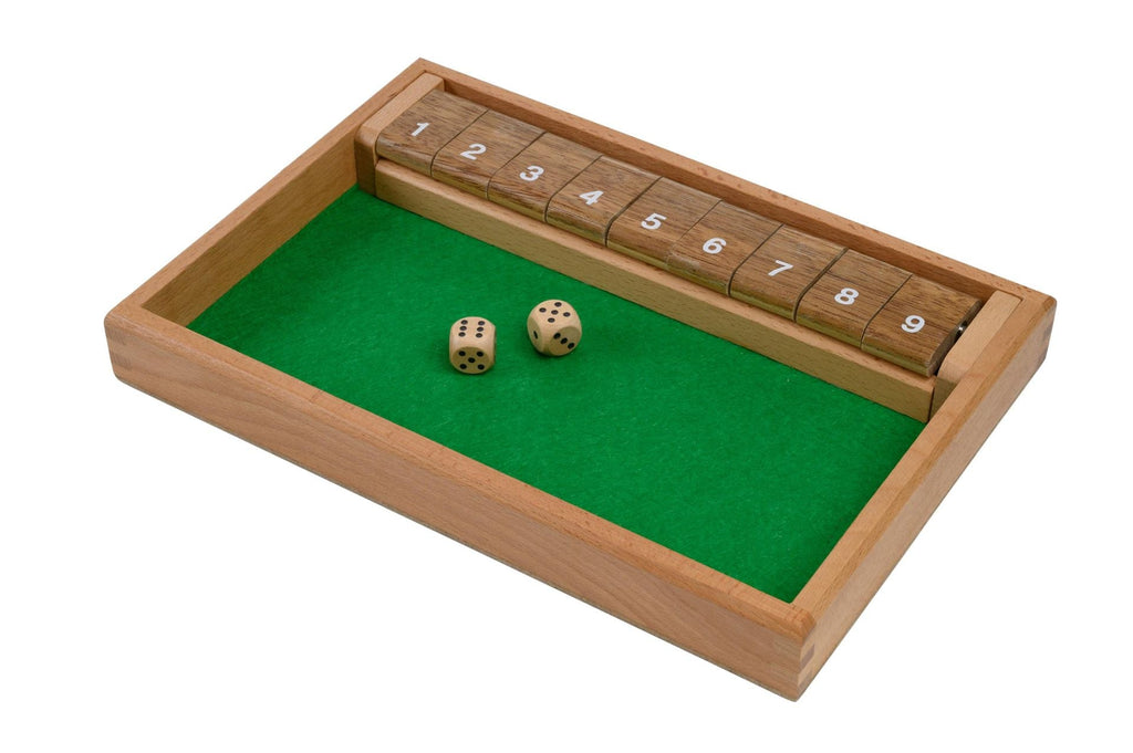 Shut the Box 9er Spiel aus FSC Holz mit Zahlenklappen und Würfeln