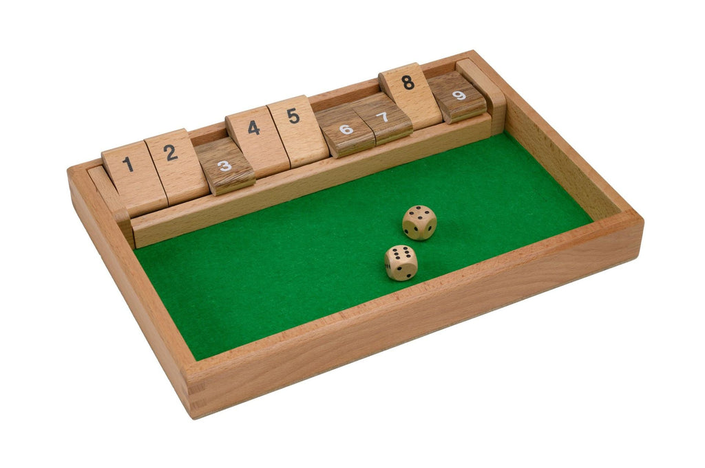 Shut the Box 9er Spiel aus FSC Holz mit Zahlenklappen und Würfeln