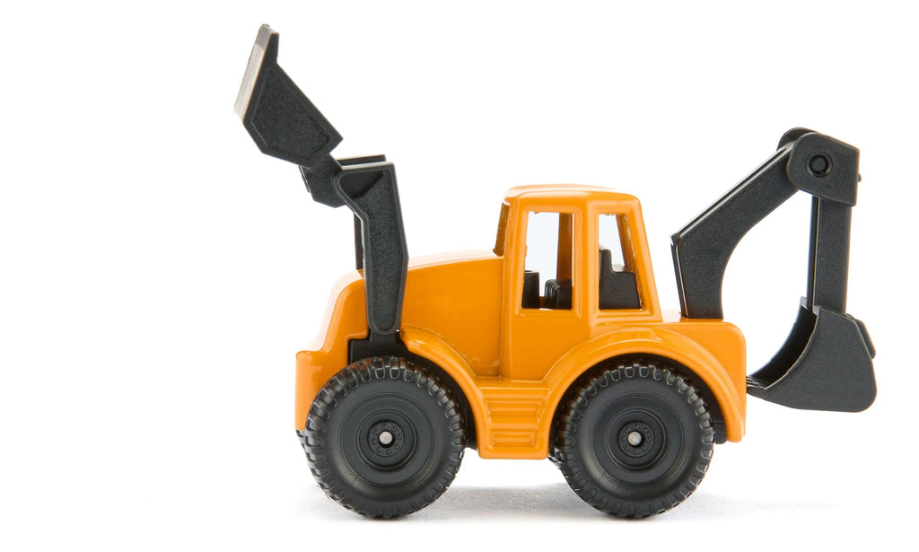 SIKU MAN Tieflader mit Baggerlader auf weißem Hintergrund
