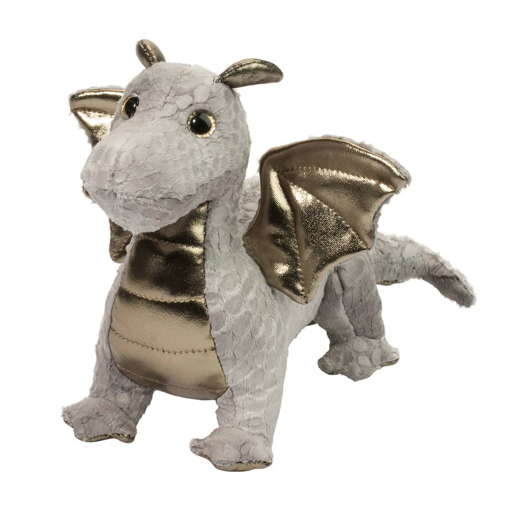 Silberner Baby Drache Stofftier Hydra mit goldenen Flügeln, 22 cm