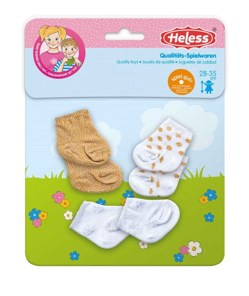 Puppensocken gold weiß mit goldenen Punkten und Eiskristallen