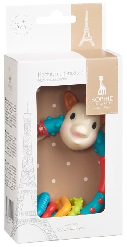 Beißring und Rassel in einem mit bunten Ringen
