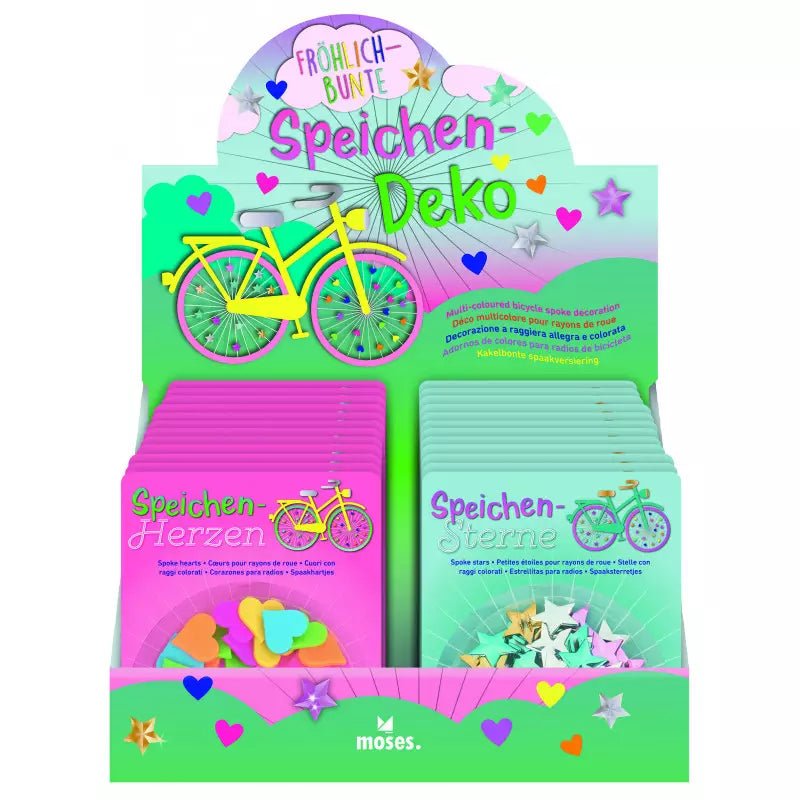 Bunte Speichenclips Herzen & Sterne für Kinderfahrräder von moses