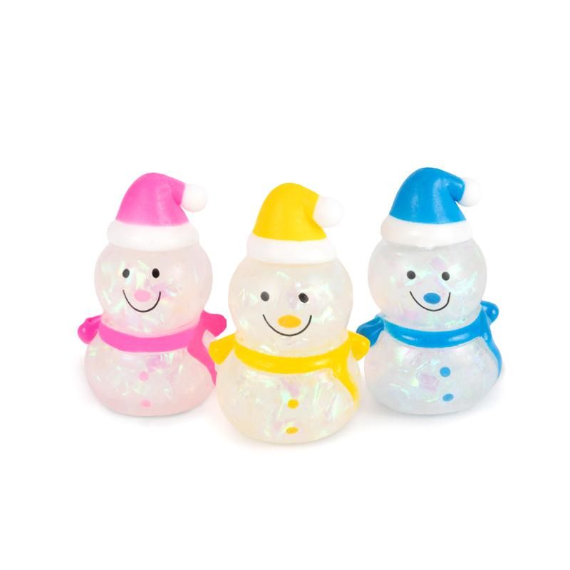 Splashy Sparkle Schneemann Spielzeug – Glitzer Squeeze für Kinder in drei Farben auf weissen hintergrund
