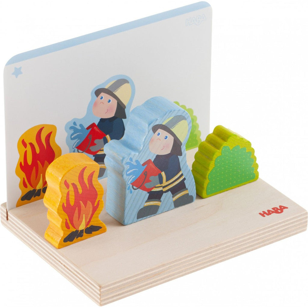 HABA Feuerwehr Lernspiel mit Vorlagenkarten auf Stapelbrett
