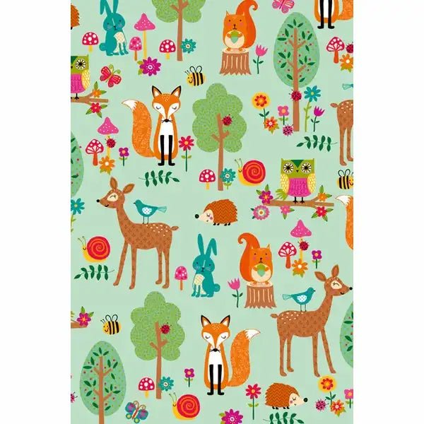 Geschenkpapier mit Fuchs, Reh & Igel auf grünem Grund