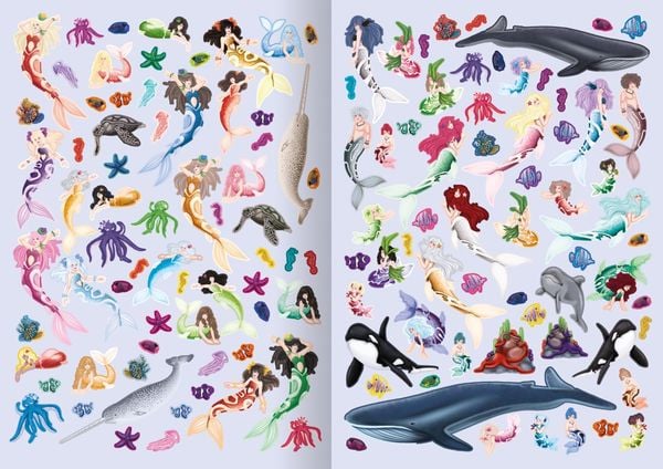 Stickeralbum für Kinder mit Meerjungfrauen und Blumenwiese
