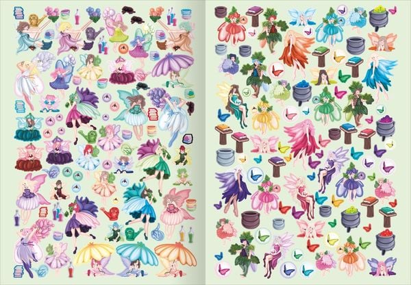 Aufgeschlagenes Stickerbuch mit Feen und Tieren
