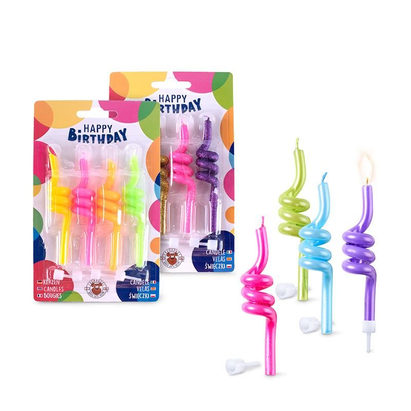 Swirly-Kerzen-Set mit gedrehten Geburtstagskerzen in Glitzerfarben, inklusive Halterungen für Kuchen und Torten
