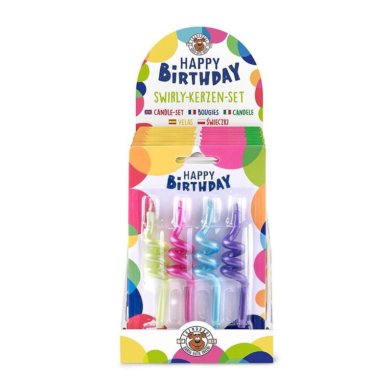 Gedrehte Neon-Geburtstagskerzen im Swirly-Design mit Haltern – moderne Kuchendeko für Feierlichkeiten
