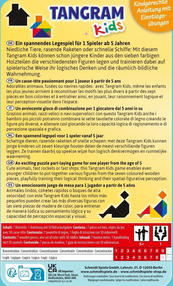 Tangram Kinder Reisespiel mit bunten Holzteilen in Metalldose