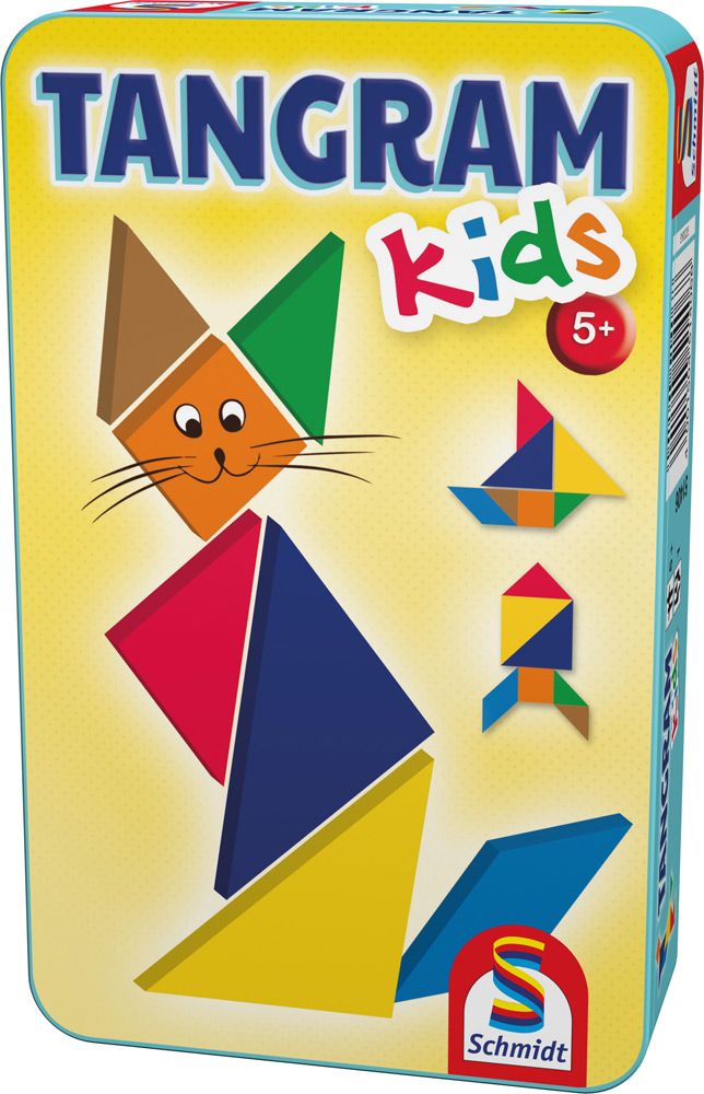 Tangram Kinder Reisespiel mit bunten Holzteilen in Metalldose