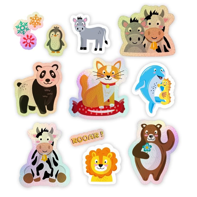 Nahaufnahme von bunten Tierstickern aus dem Stickerbuch
