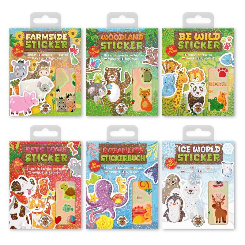 Tier-Stickerbuch mit 6-fach sortierten Tierwelten auf weissen hintergrund
