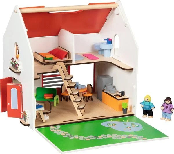 Tragbares Puppenhaus Eco House aus Holz mit Zubehör auf weißem Hintergrund
