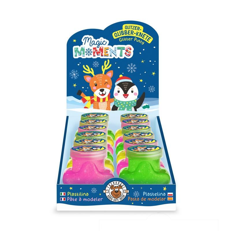 Drei Farben Glibber-Knete von Trendhaus: Grün, Gelb, Pink im display