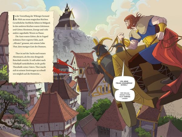 Innenansicht mit Comicszenen von Thor und Asgard
