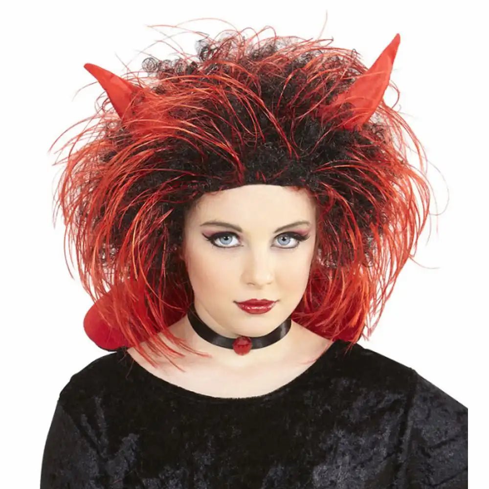 Teufelsperücke rot mit Hörnern für Damen Halloween
