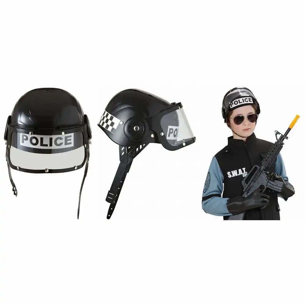 Polizeihelm schwarz Visier hochklappbar Widmann Kinderkostüm