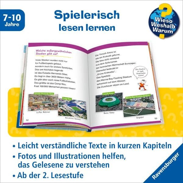 Aufgeschlagenes Erstleserbuch Fußball mit Bildern und Texten
