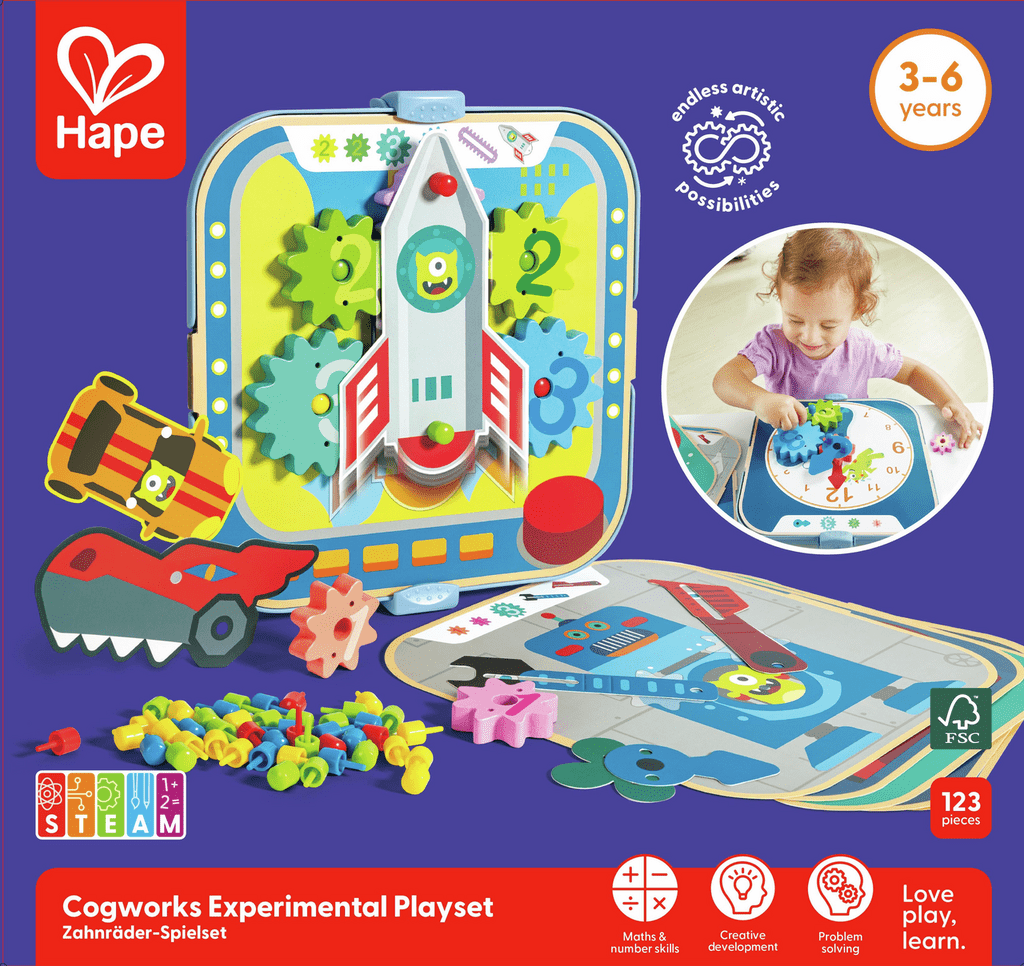 Zahnräder-Experimentierset für Kinder mit farbigen Hintergrundkarten und Figuren