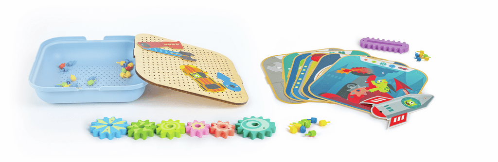 Kreatives Zahnradspiel mit Straßenmotiv, Roboter, Drache und Raketenstartplatz
