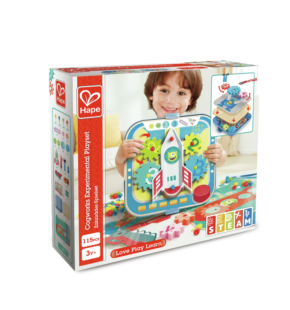 Kunststoffbox mit Holzdeckel und umfassendem Zahnradzubehör für Kinder
